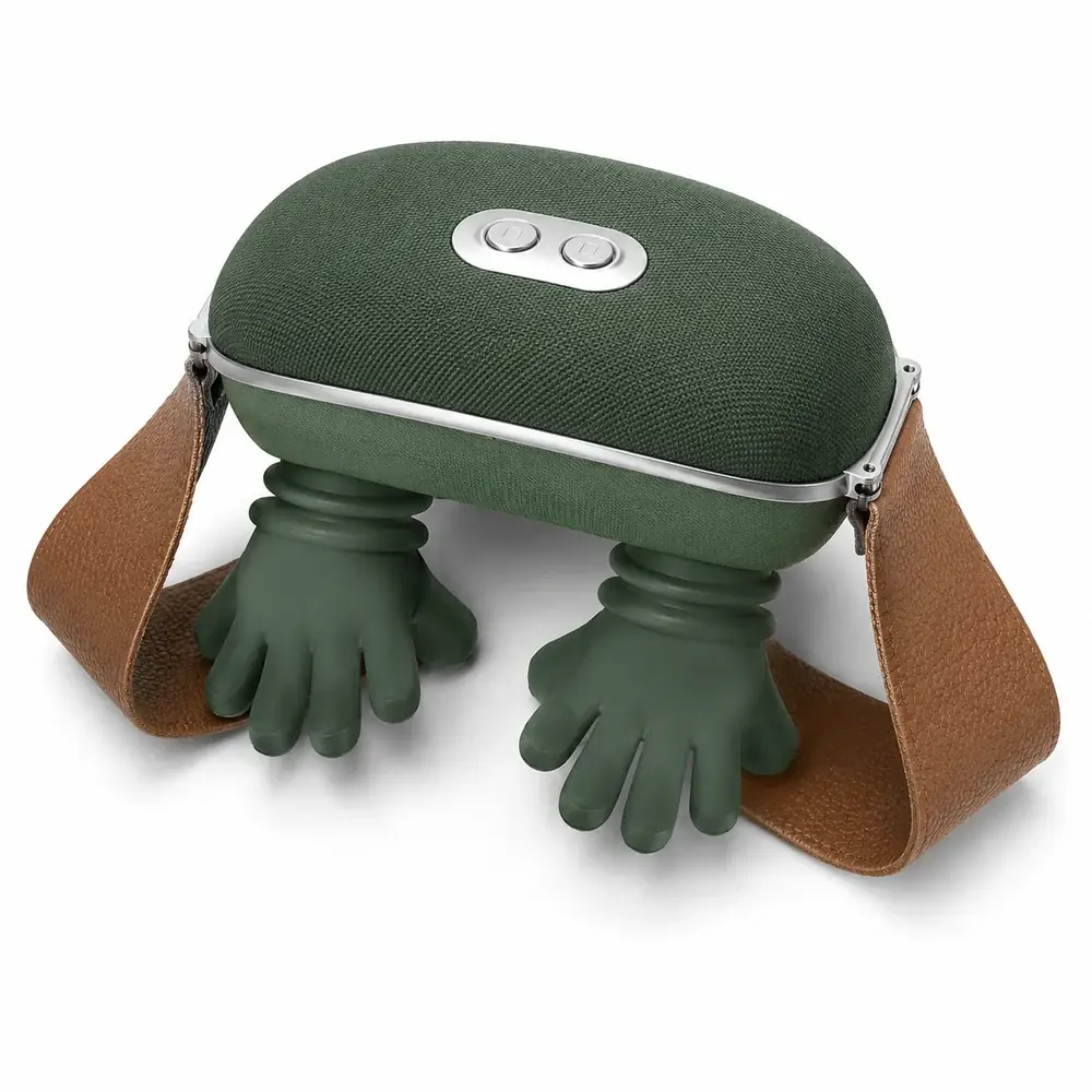 The Nodly neck massager laid flat, showing its two kneading heads and ten silicone fingers